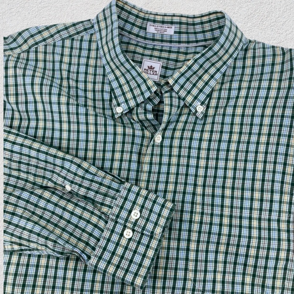 Peter Millar Cotton Button-Down Shirt Mens XXL Green Plaid Classic‎ Fit Primary